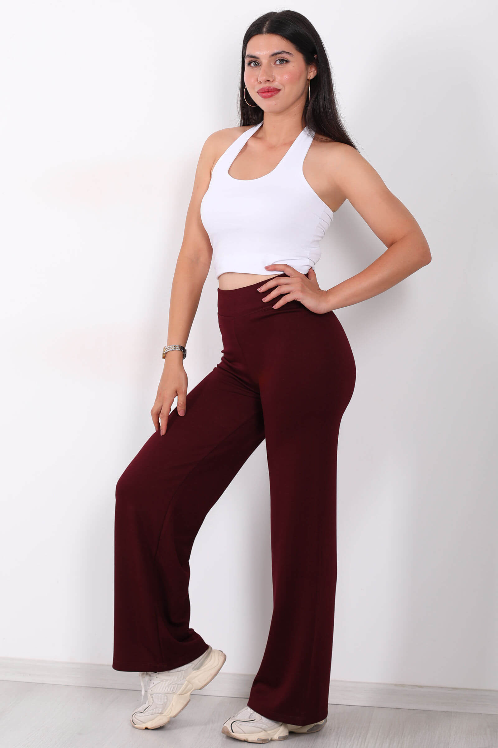 Beli Lastikli Yüksek Bel Bordo Kadın Modal Pantolon