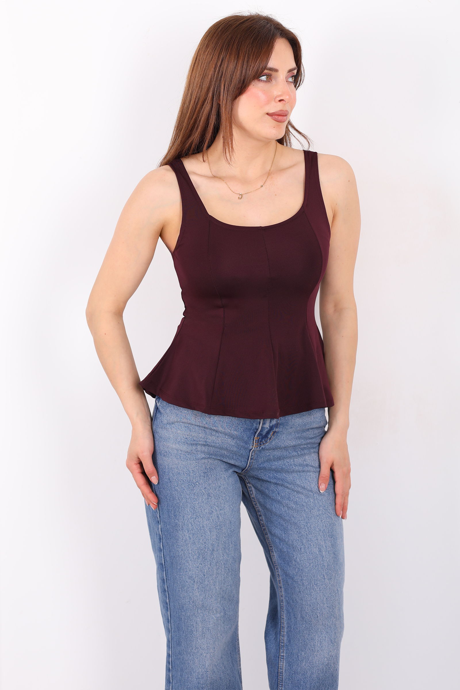 Kalın Askılı U Yaka Kadın Mürdüm Peplum Bluz