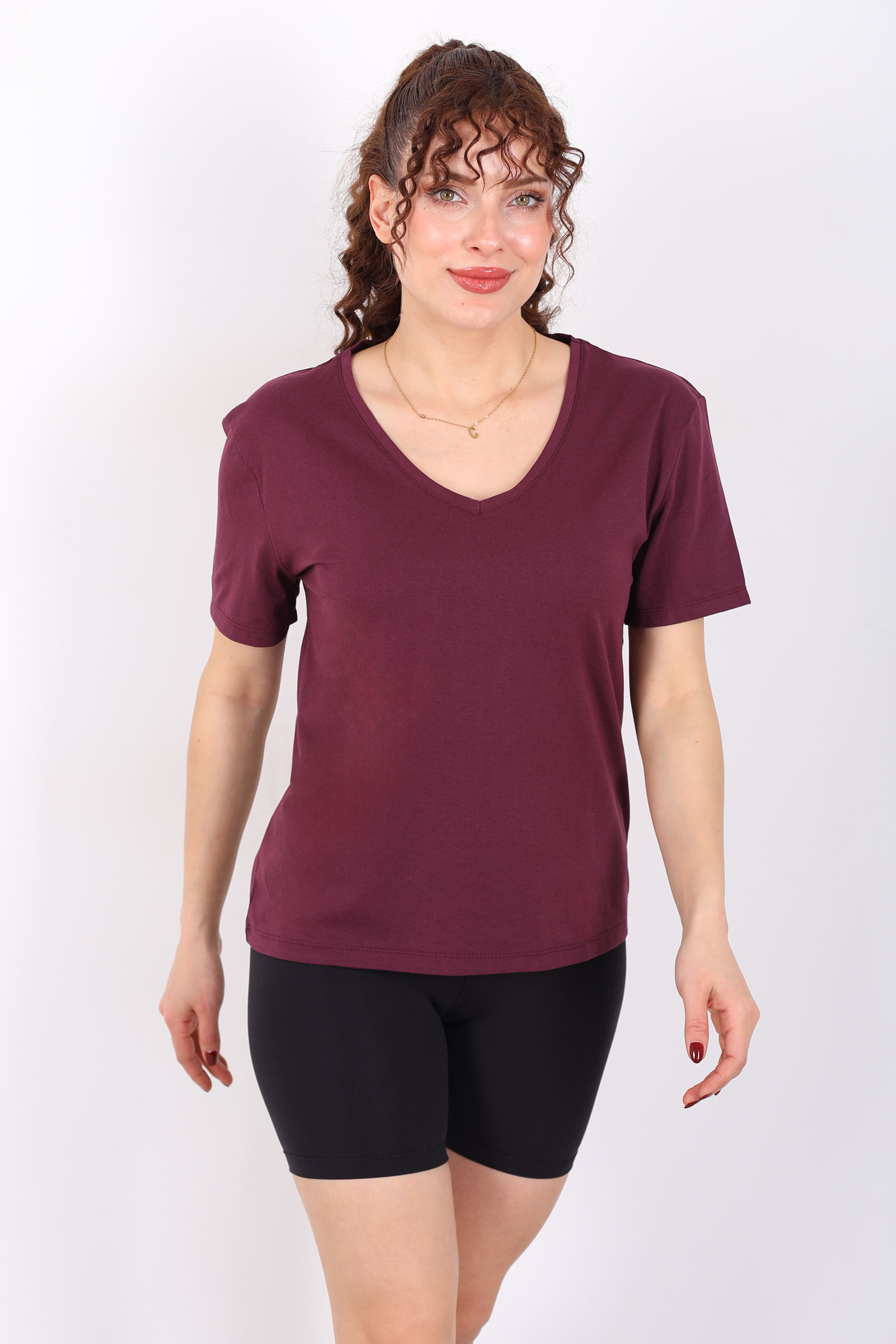 V Yaka Slim Mürdüm Kadın T-Shirt