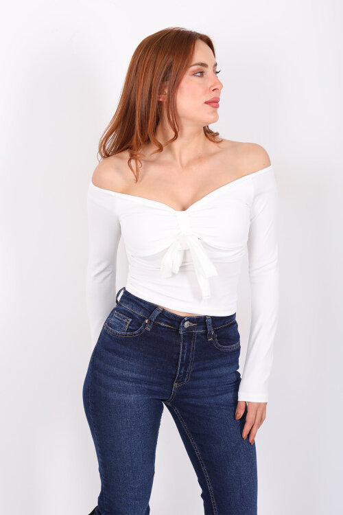 Açık Yaka Fiyonk Bağlamalı Kadın Beyaz Sandy Bluz - 6