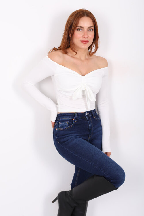 Açık Yaka Fiyonk Bağlamalı Kadın Beyaz Sandy Bluz - 3