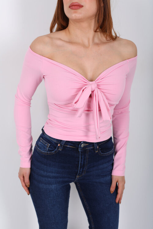 Açık Yaka Fiyonk Bağlamalı Kadın Pembe Sandy Bluz - Berox (1)