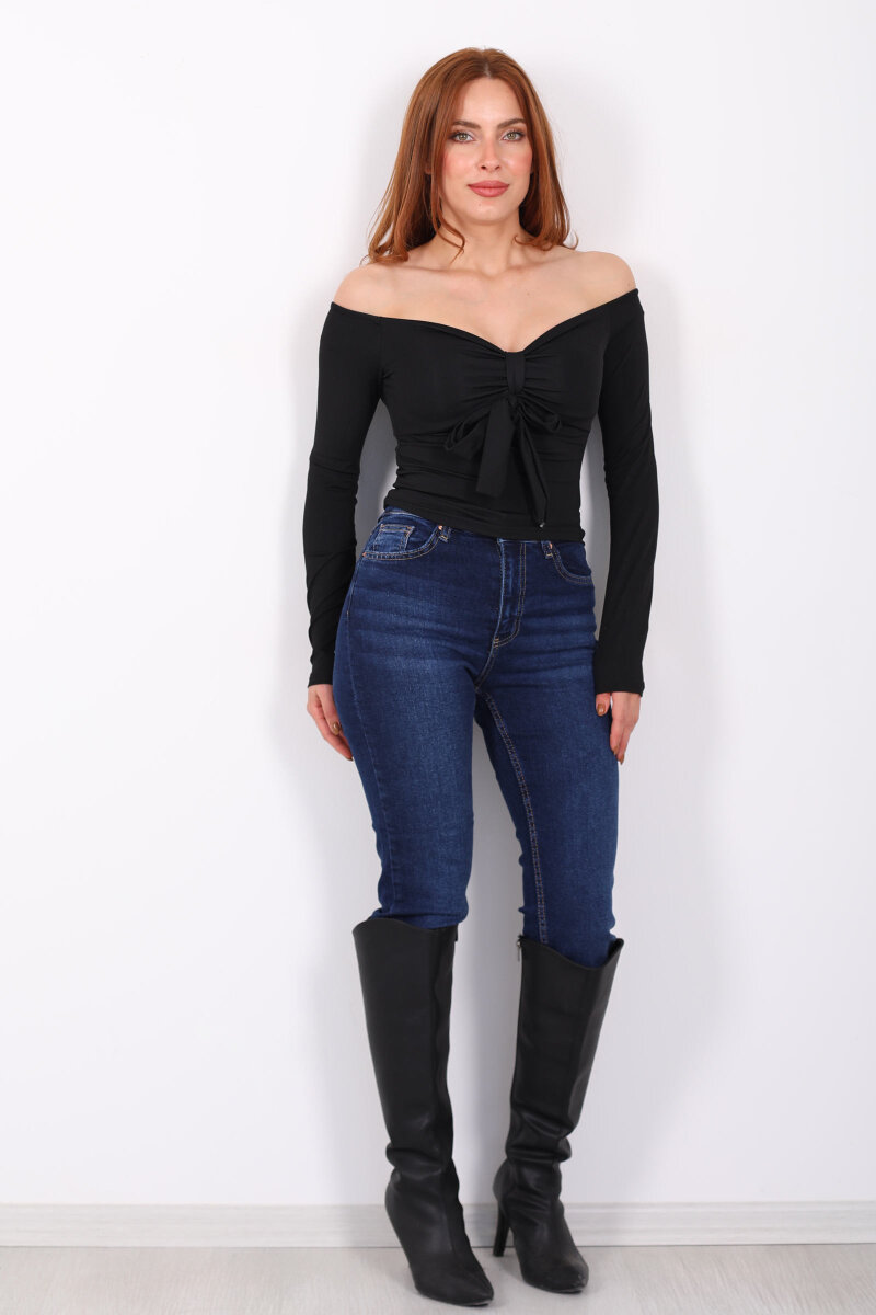 Açık Yaka Fiyonk Bağlamalı Kadın Siyah Sandy Bluz - 6