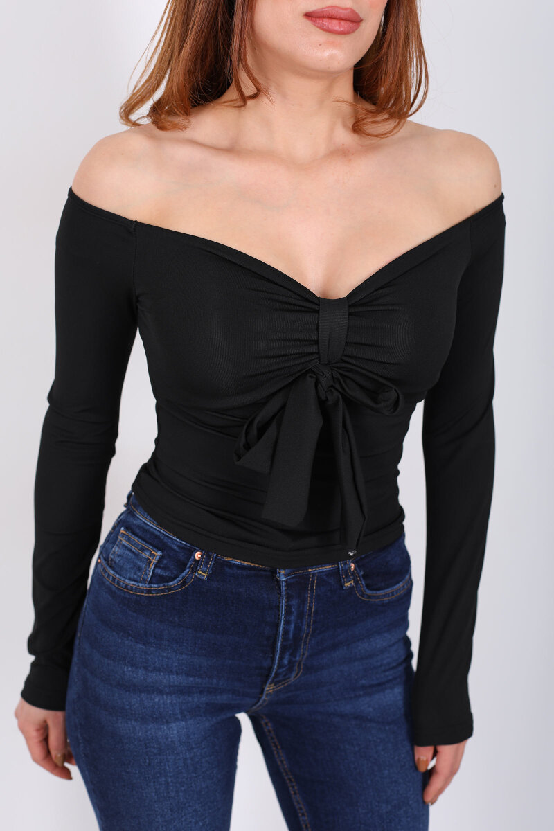 Açık Yaka Fiyonk Bağlamalı Kadın Siyah Sandy Bluz - 2