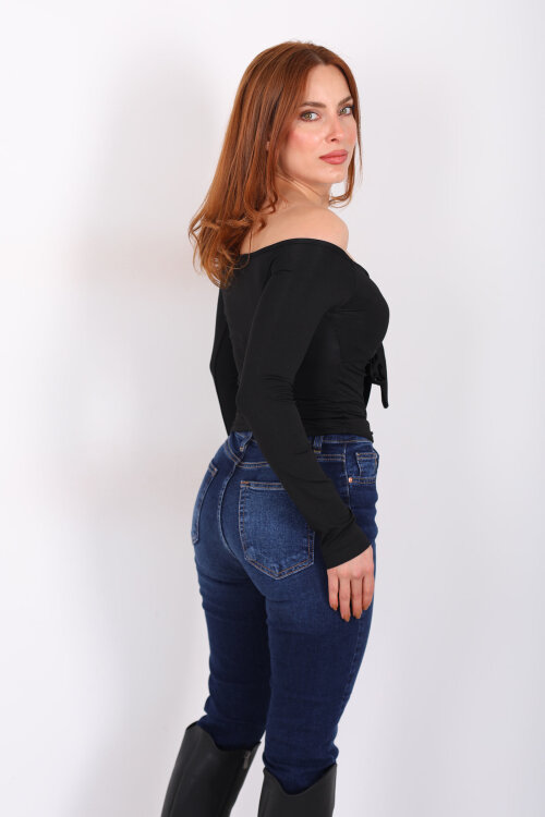 Açık Yaka Fiyonk Bağlamalı Kadın Siyah Sandy Bluz - 5