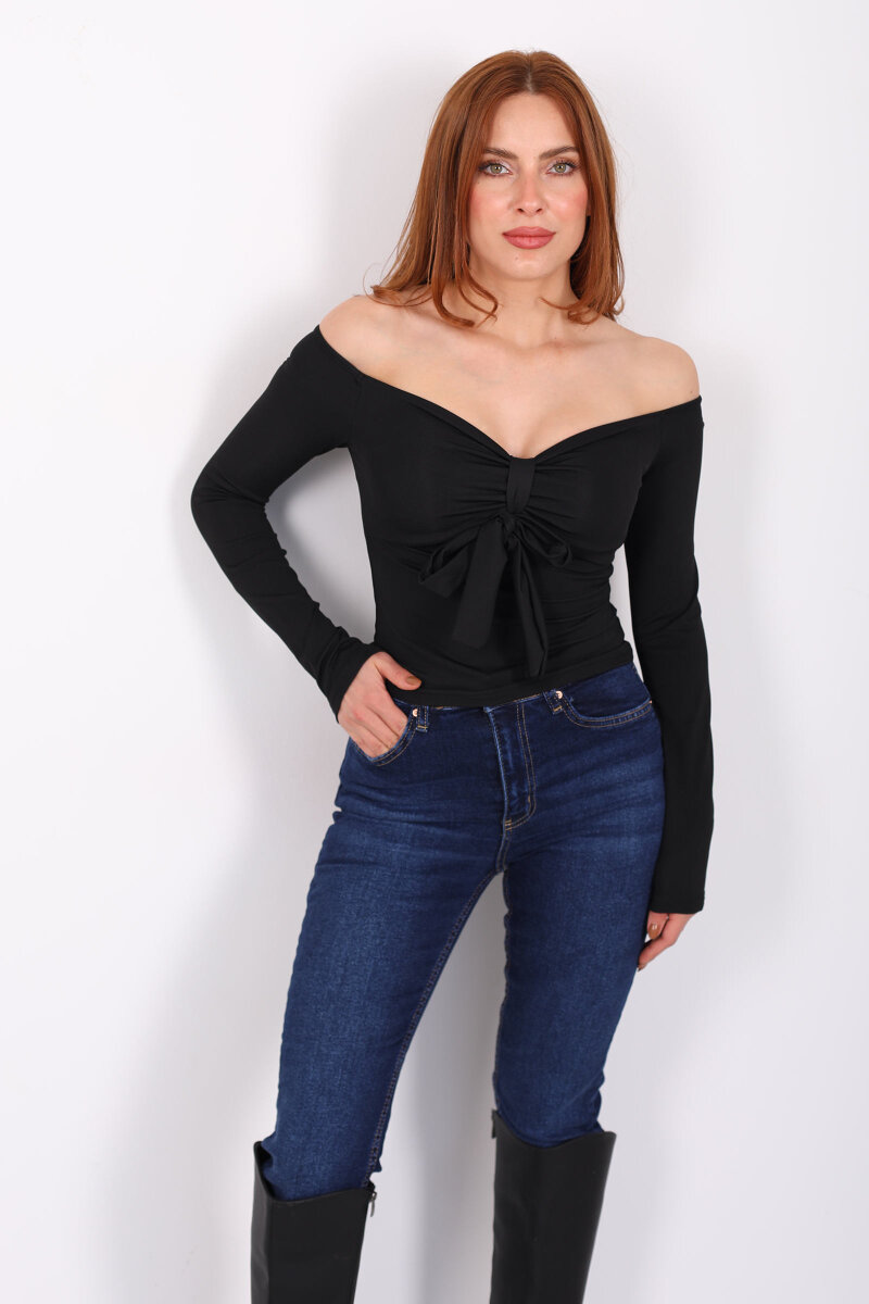 Açık Yaka Fiyonk Bağlamalı Kadın Siyah Sandy Bluz - 4