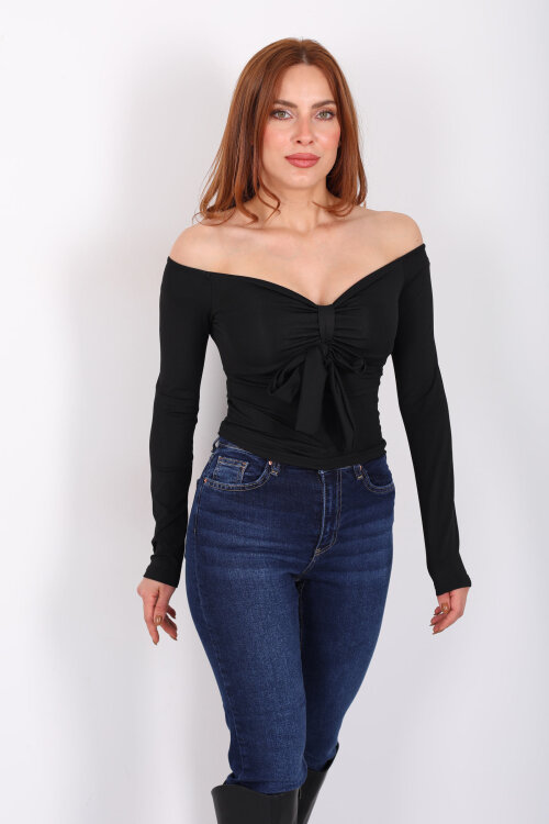 Açık Yaka Fiyonk Bağlamalı Kadın Siyah Sandy Bluz - Berox