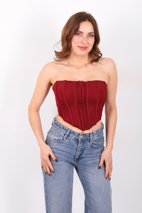 Agraflı Korse Straplez Bordo Kadın Crop - 6