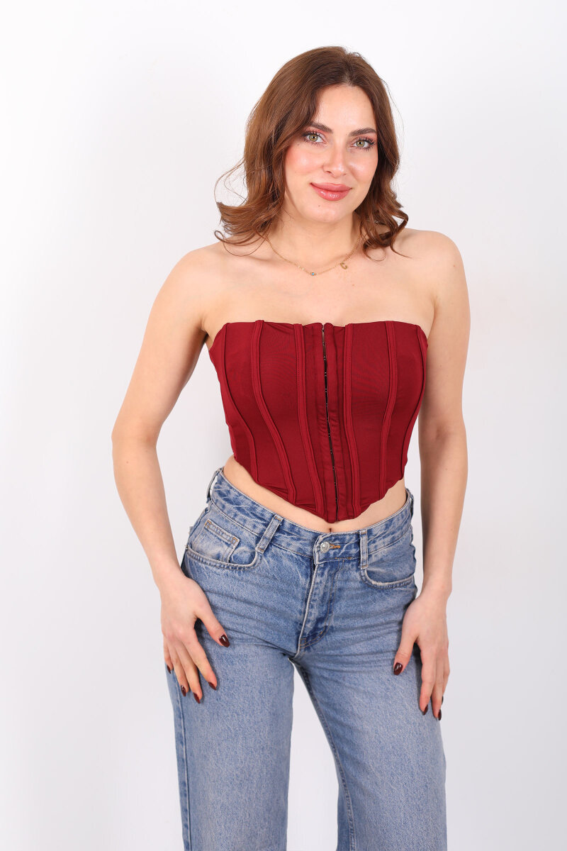 Agraflı Korse Straplez Bordo Kadın Crop - 6