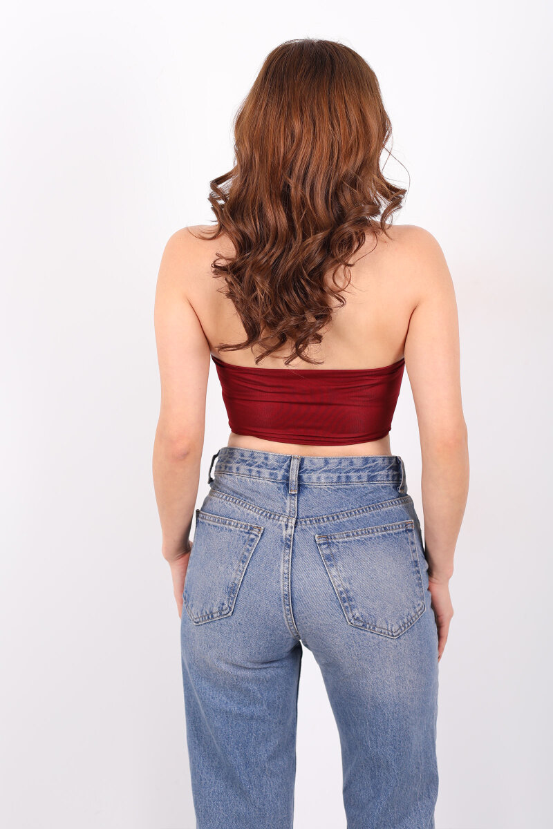 Agraflı Korse Straplez Bordo Kadın Crop - 5