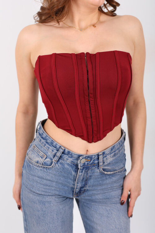 Agraflı Korse Straplez Bordo Kadın Crop - Berox (1)