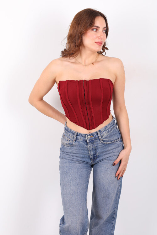 Agraflı Korse Straplez Bordo Kadın Crop - 4