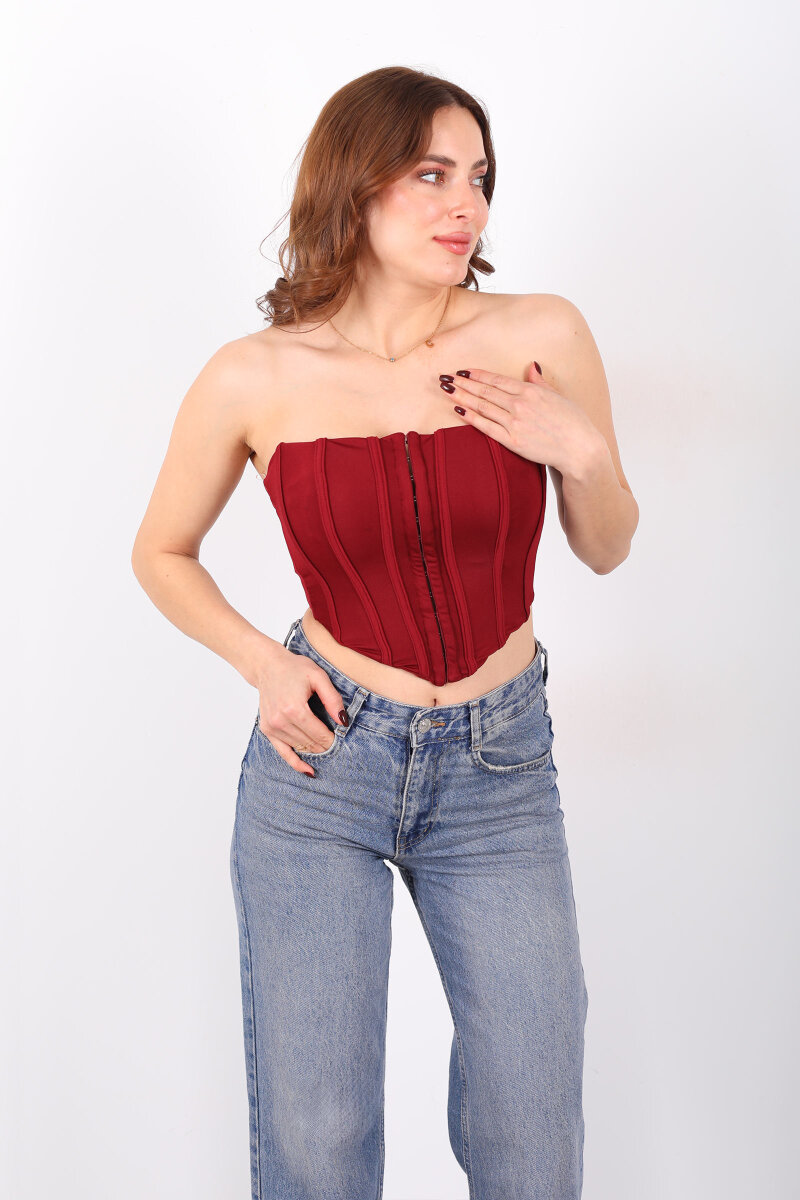 Agraflı Korse Straplez Bordo Kadın Crop - 3