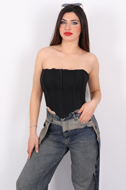 Agraflı Korse Straplez Siyah Kadın Crop - 4