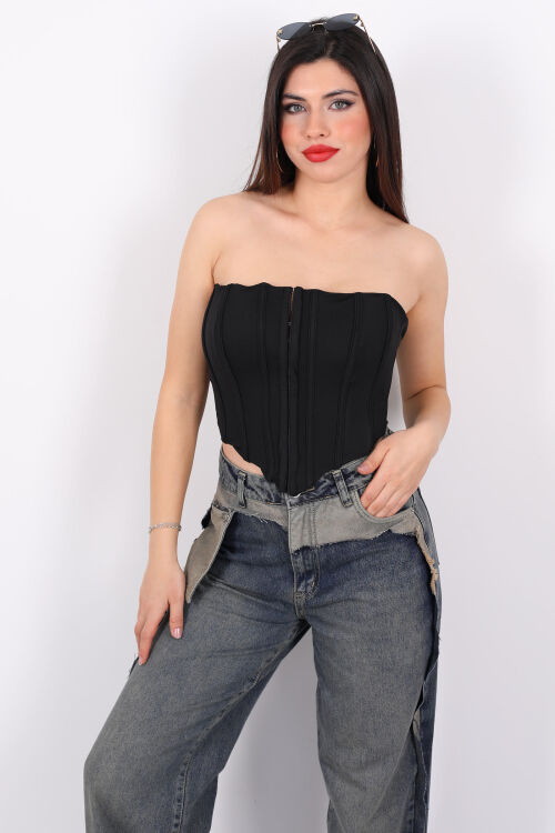 Agraflı Korse Straplez Siyah Kadın Crop - Berox