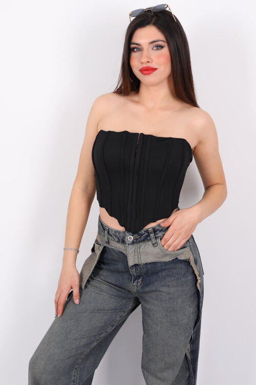 Agraflı Korse Straplez Siyah Kadın Crop - 3