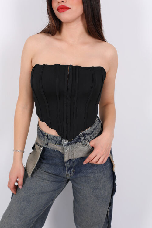 Agraflı Korse Straplez Siyah Kadın Crop - Berox (1)