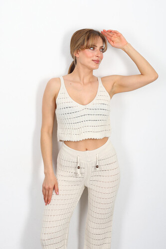 Ajurlu Crop-Pantolon Krem Kadın Triko Takım - 3