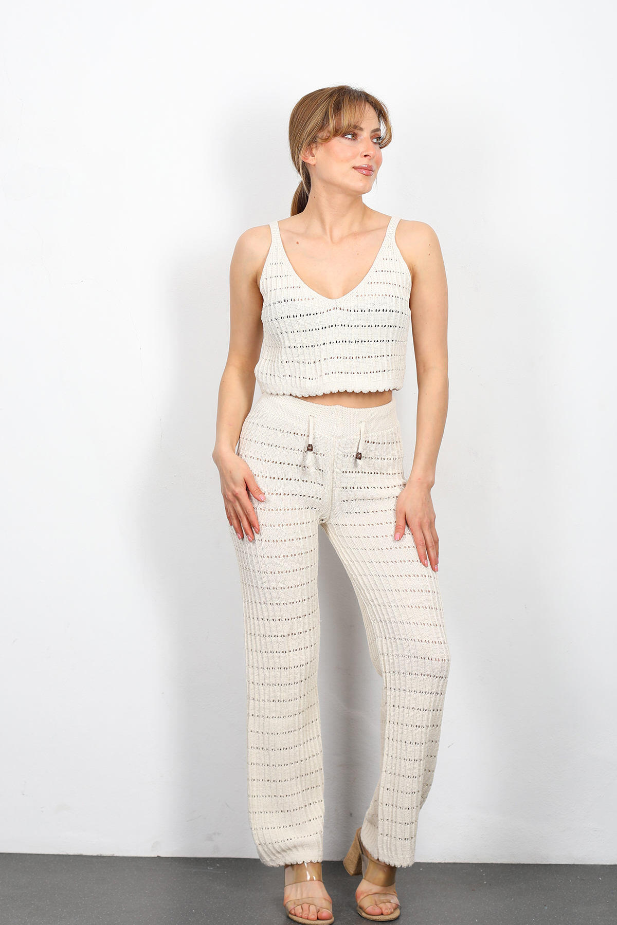 Ajurlu Crop-pantolon Krem Kadın Triko Takım