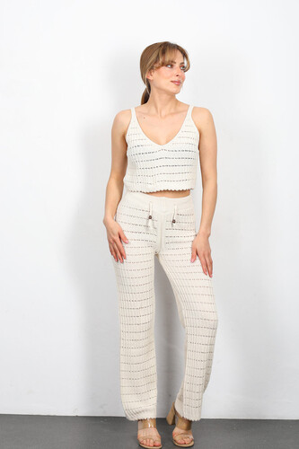 Ajurlu Crop-Pantolon Krem Kadın Triko Takım - 1