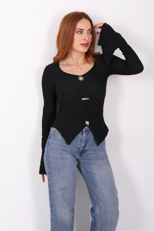 Aksesuar Detaylı İspanyol Kol Büzgülü Siyah Kadın Bluz - 4