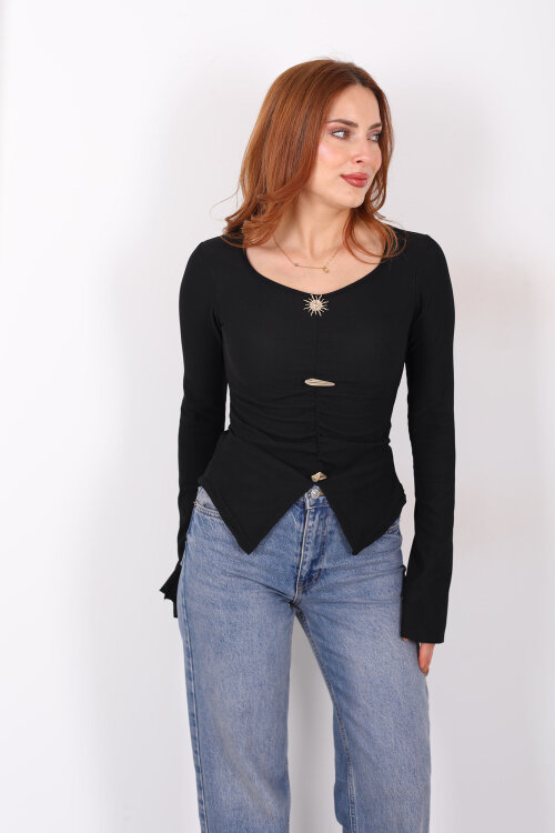 Aksesuar Detaylı İspanyol Kol Büzgülü Siyah Kadın Bluz - 6