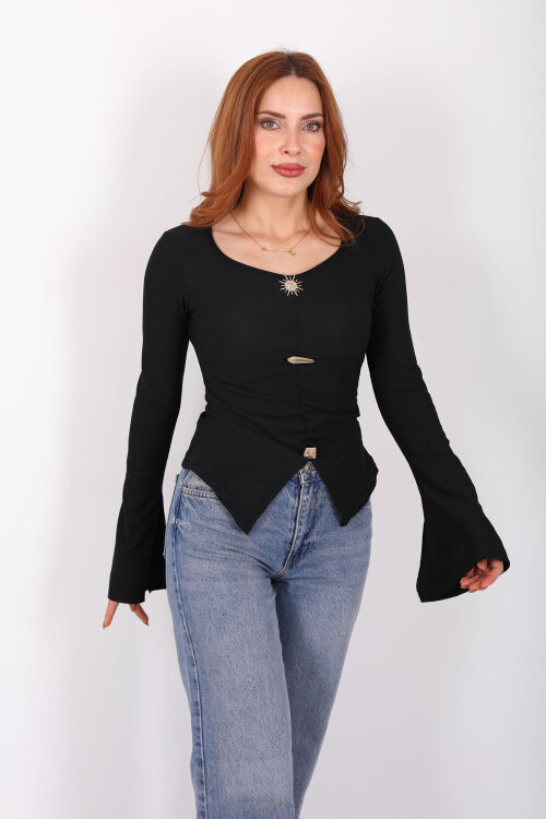 Aksesuar Detaylı İspanyol Kol Büzgülü Siyah Kadın Bluz - Berox