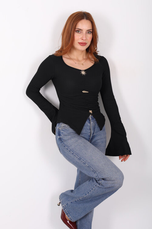 Aksesuar Detaylı İspanyol Kol Büzgülü Siyah Kadın Bluz - 3