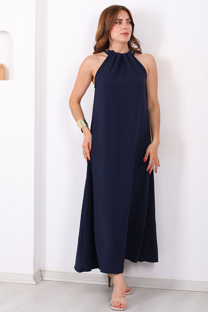 Aksesuarlı Halter Yaka Salaş Maxi Lacivert Kadın Elbise - 6