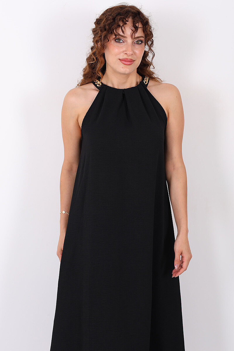 Aksesuarlı Halter Yaka Salaş Maxi Siyah Kadın Elbise - 3