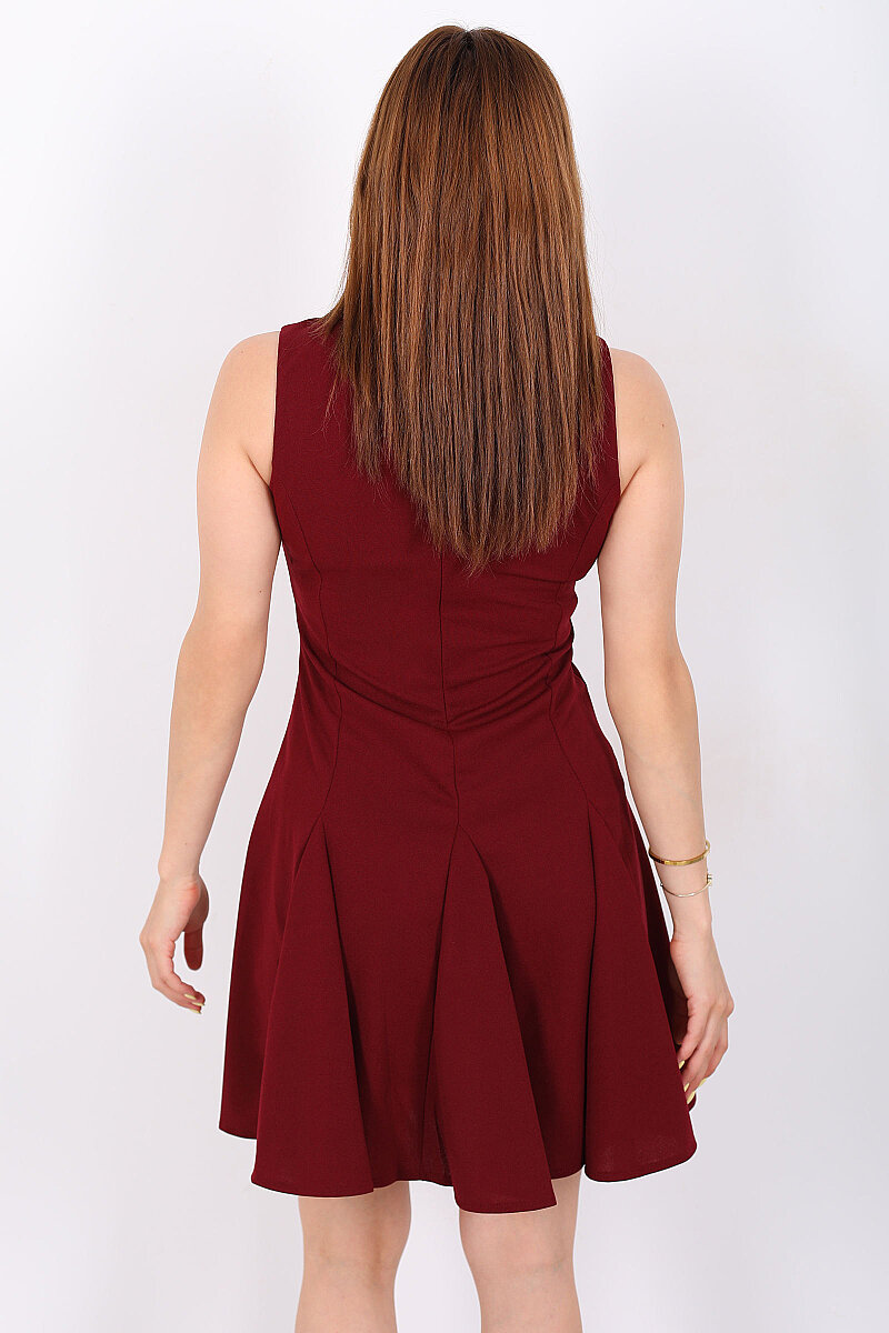 Aksesuarlı Kolsuz Kadın Bordo Mini Çan Elbise - 6
