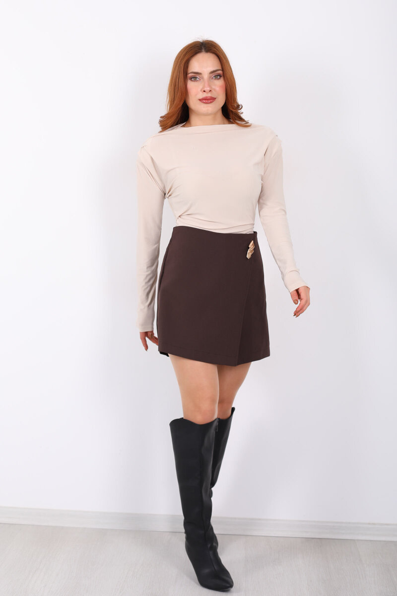 Aksesuarlı Mini Acı Kahve Kadın Şort Etek - 3