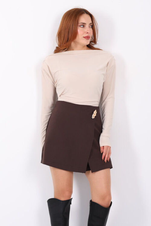 Aksesuarlı Mini Acı Kahve Kadın Şort Etek - 4