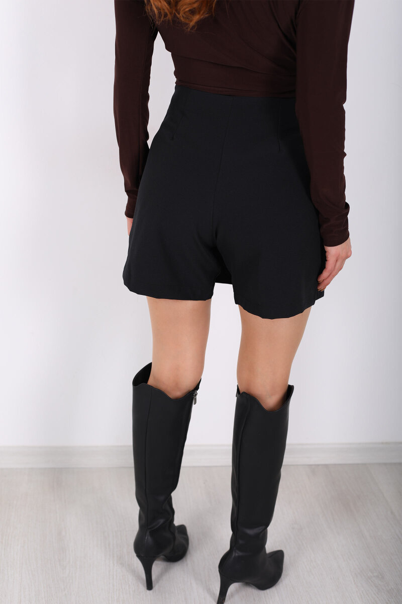 Aksesuarlı Mini Siyah Kadın Şort Etek - 5