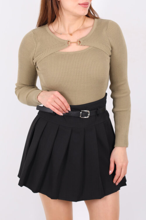 Aksesuarlı Yaka Detaylı Kadın Haki Triko Kazak - Berox (1)