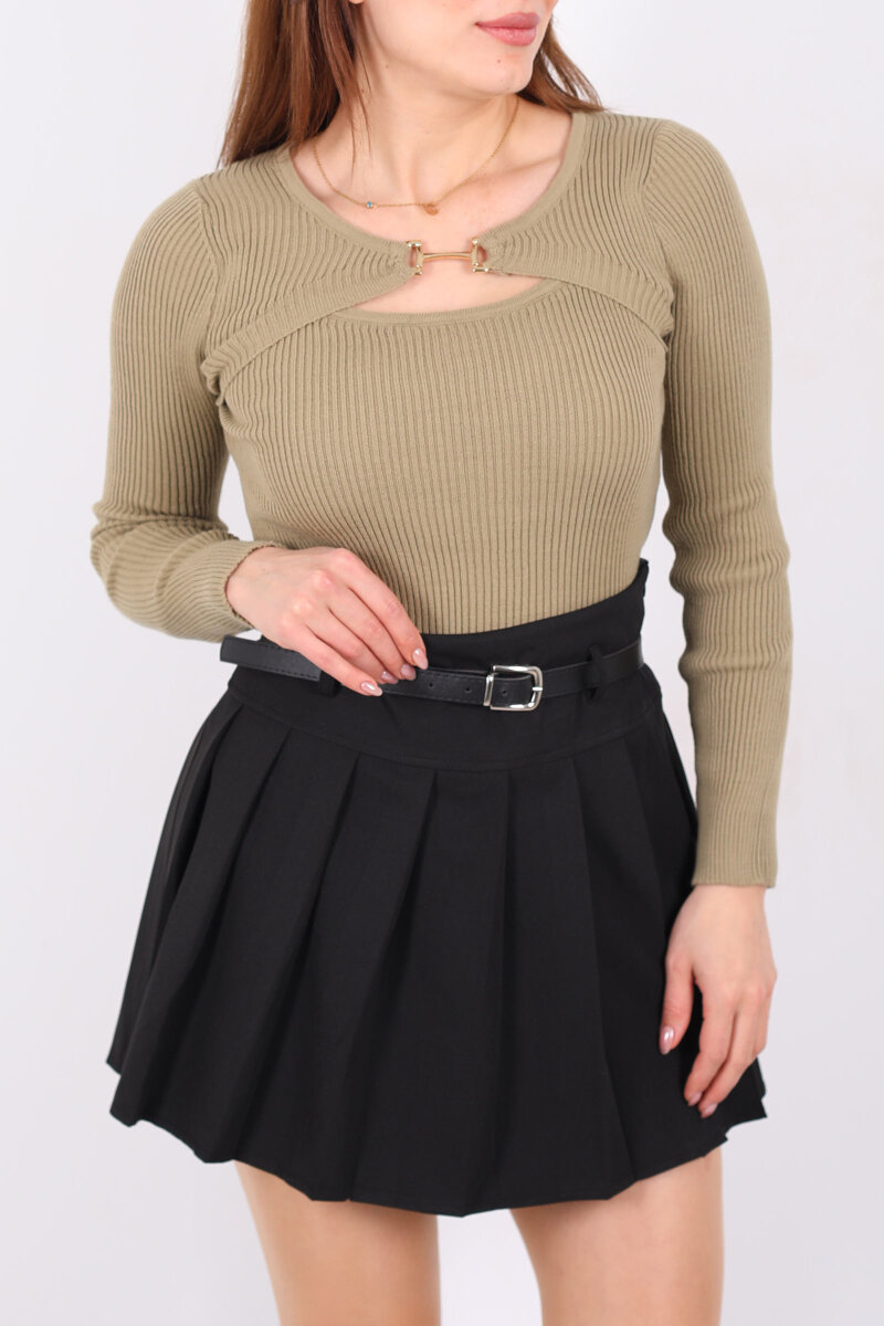 Aksesuarlı Yaka Detaylı Kadın Haki Triko Kazak - 2