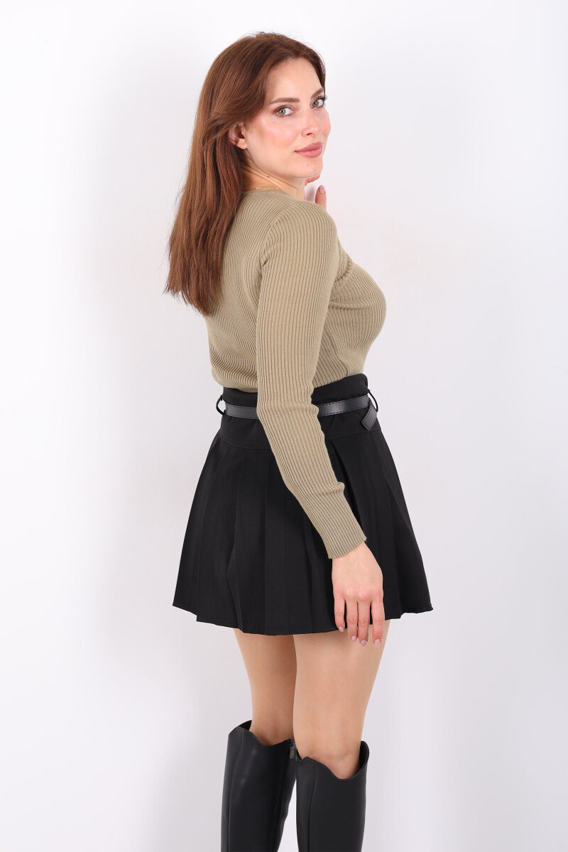 Aksesuarlı Yaka Detaylı Kadın Haki Triko Kazak - 6