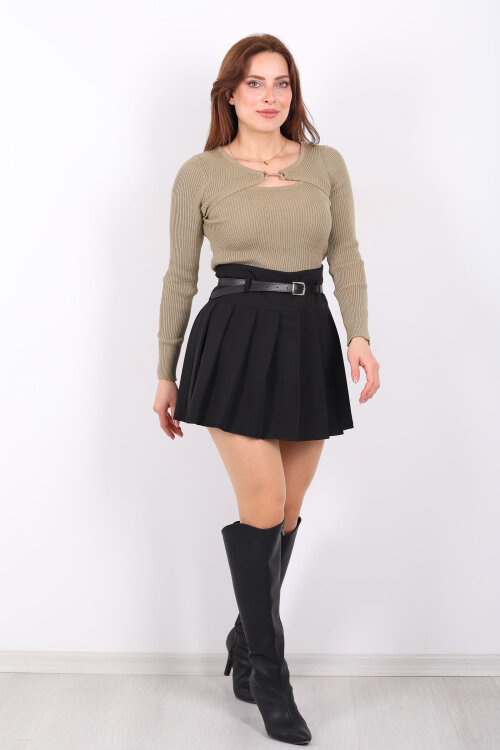 Aksesuarlı Yaka Detaylı Kadın Haki Triko Kazak - 4