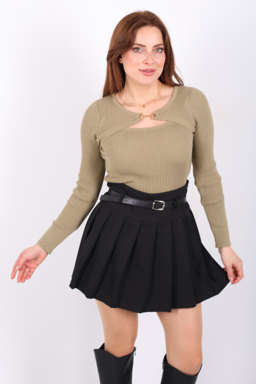 Aksesuarlı Yaka Detaylı Kadın Haki Triko Kazak - Berox