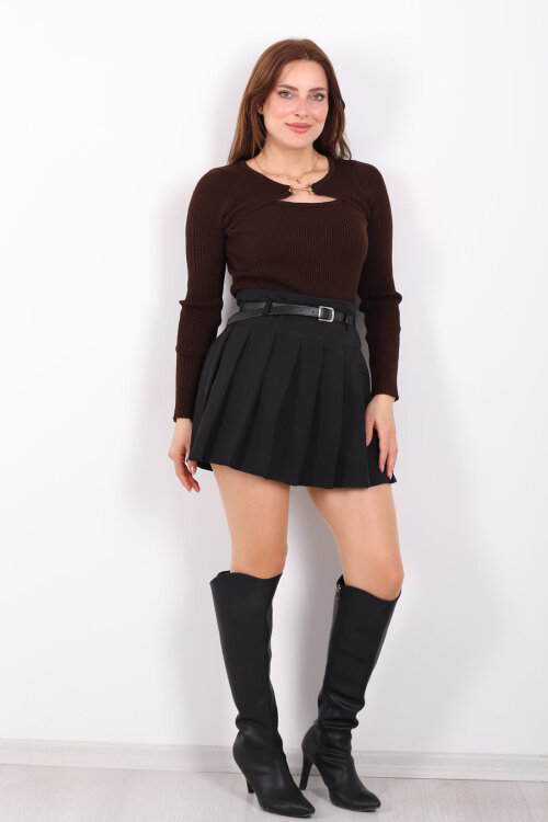 Aksesuarlı Yaka Detaylı Kadın Kahverengi Triko Kazak - 3