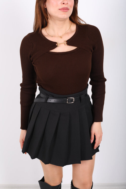 Aksesuarlı Yaka Detaylı Kadın Kahverengi Triko Kazak - 2