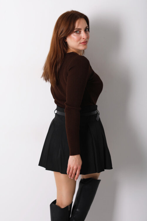 Aksesuarlı Yaka Detaylı Kadın Kahverengi Triko Kazak - 5