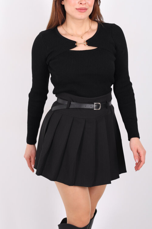 Aksesuarlı Yaka Detaylı Kadın Siyah Triko Kazak - 2