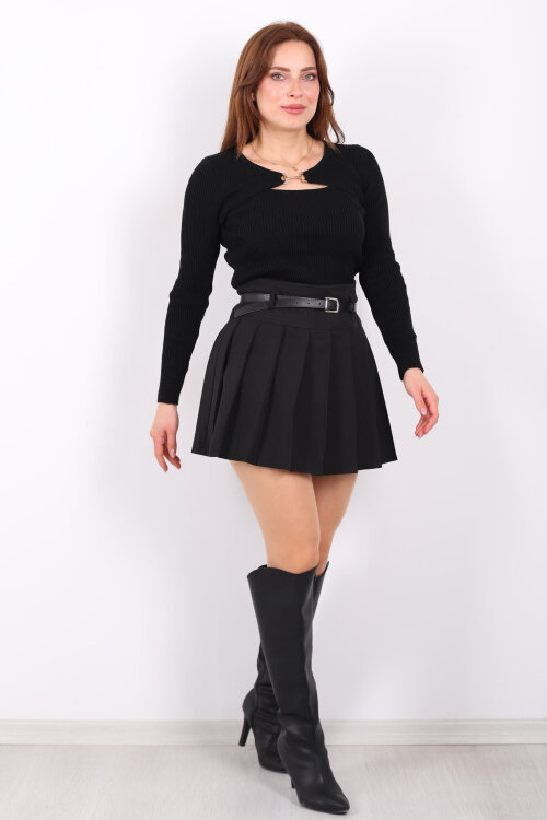 Aksesuarlı Yaka Detaylı Kadın Siyah Triko Kazak - 4