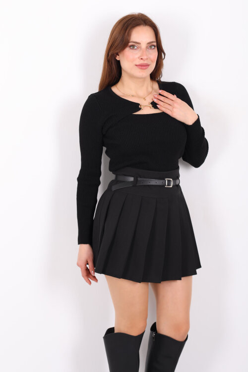 Aksesuarlı Yaka Detaylı Kadın Siyah Triko Kazak - 3