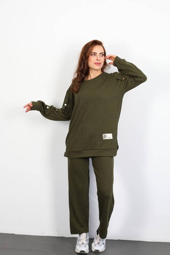 Apolet Detay Armalı Bol Paça Kadın Haki Fitilli Takım - Berox