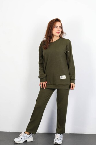 Apolet Detay Armalı Bol Paça Kadın Haki Fitilli Takım - Berox (1)