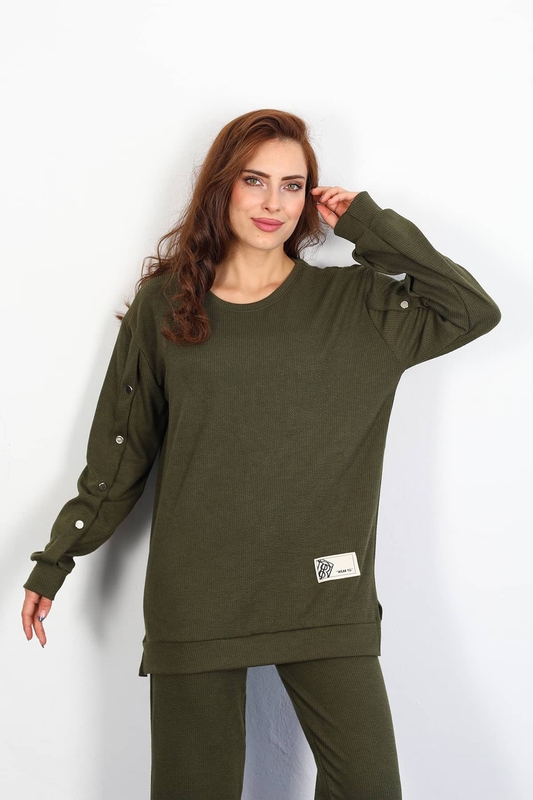 Apolet Detay Armalı Bol Paça Kadın Haki Fitilli Takım - 3