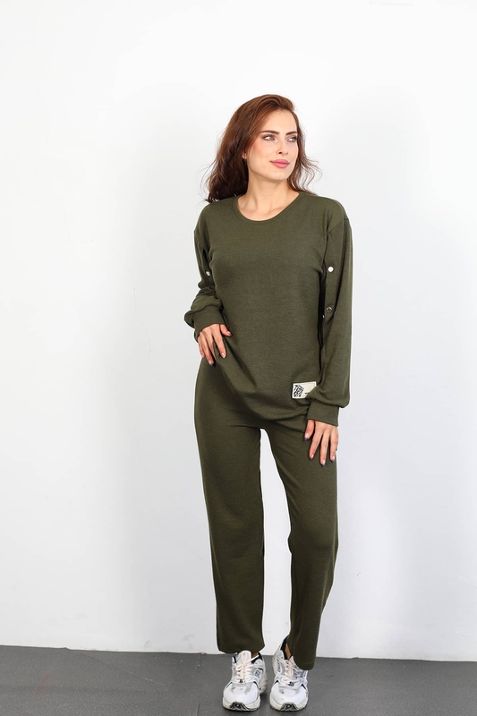 Apolet Detay Armalı Bol Paça Kadın Haki Fitilli Takım - 4