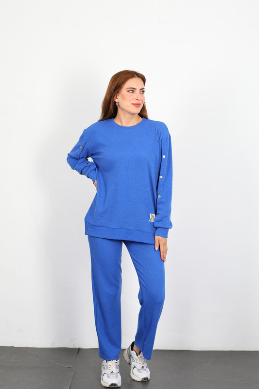 Apolet Detay Armalı Bol Paça Kadın Mavi Fitilli Takım - 3